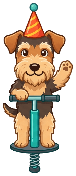 Pogo the Welsh Terrier waving from a pogo stick